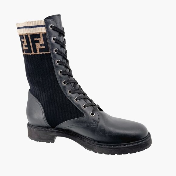 Fendi Rockoko Combat Boots EU 42 US 12 Black Leather FF Zucca Lace Up Sock - Picture 12 of 14